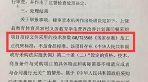 用錯國標、官司纏身 上饒縣營養(yǎng)餐采購項目招投標被疑存失職