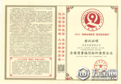 “質(zhì)量誠信標桿典型企業(yè)”榮譽證書