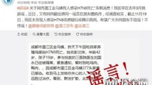 成都溫江一人感染H7N9死亡？ 官方：純屬謠言