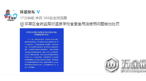 威海環(huán)翠區(qū)食藥監(jiān)對溫泉學(xué)校食堂食用油使用問題做出處罰